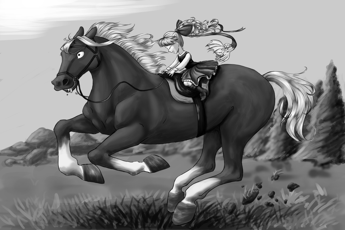 A young girl and her tiny dragon companion hang on to a bolting pony for dear life across a grassy field.
