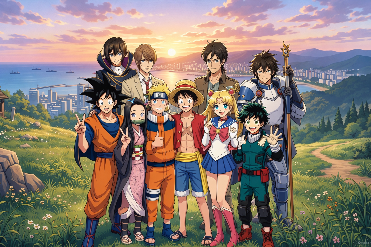 Six friends smiling together in front of a cityscape at sunset
