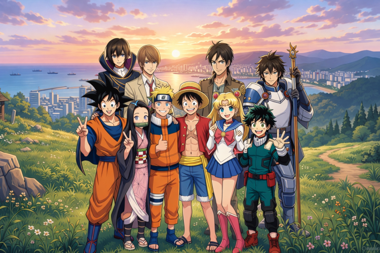 Six friends smiling together in front of a cityscape at sunset
