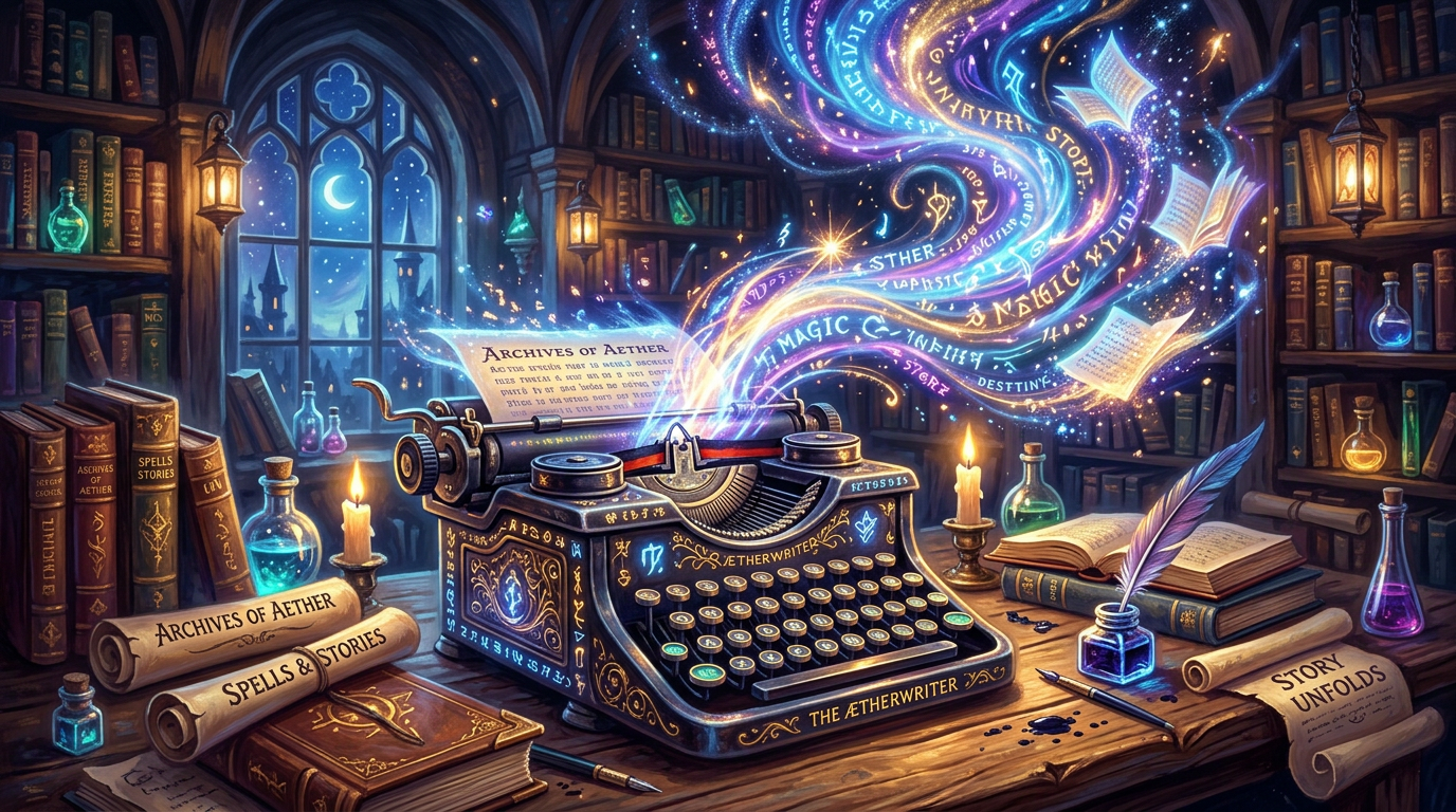 Enchanted typewriter emitting glowing magical symbols and floating pages in a fantasy library